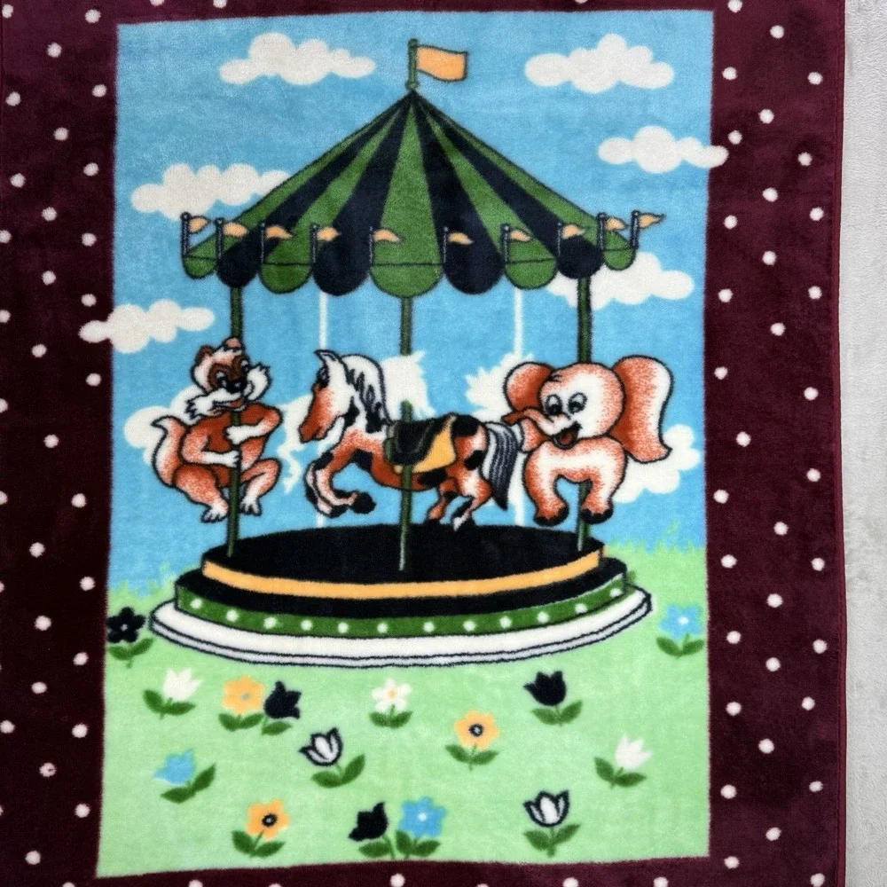 Vintage Minky Plush Baby Blanket Carousel Horse Elephant Flowers Polka Dot 90's